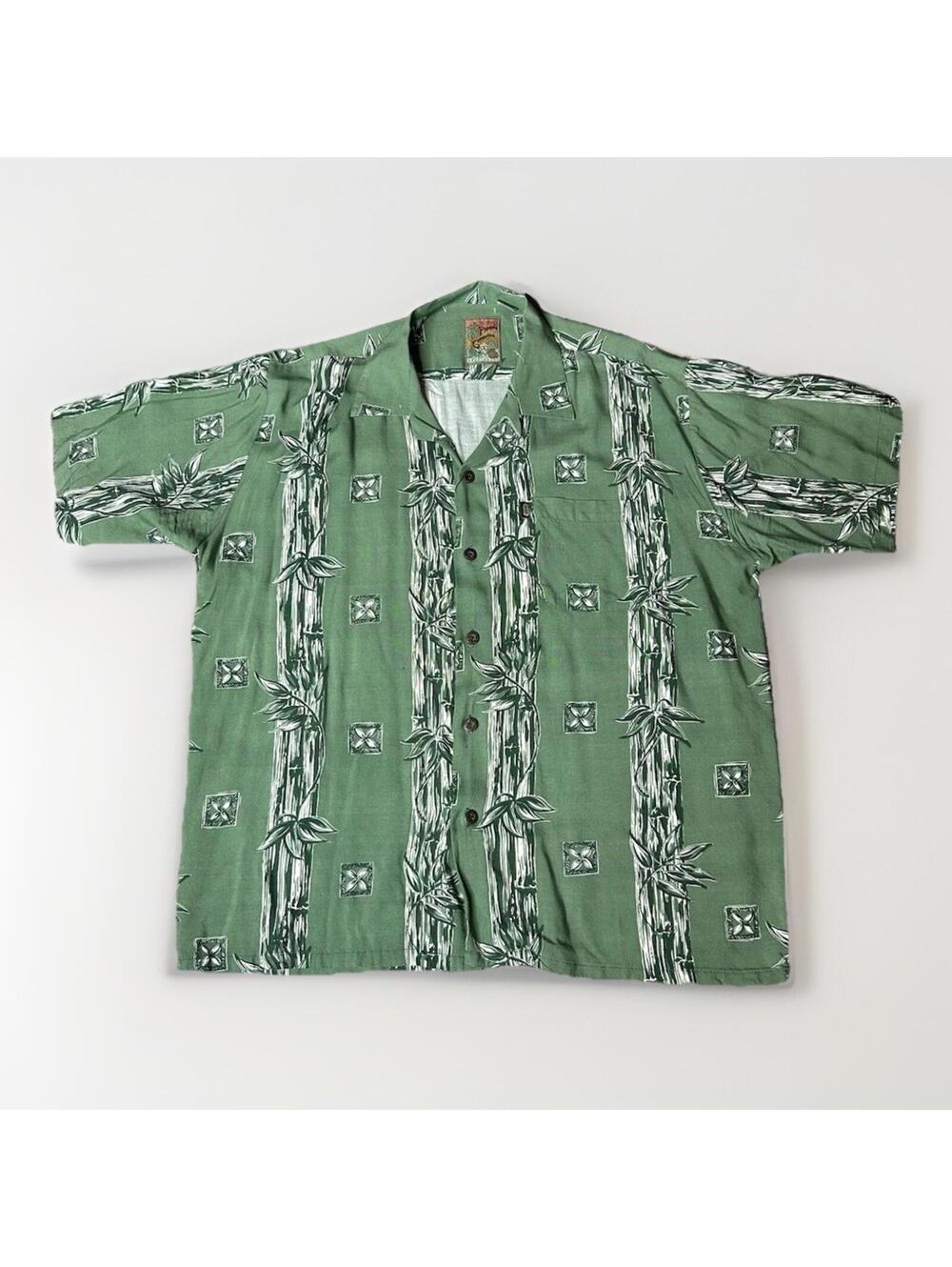 Vintage Pineapple Connection Hawaiian Shirt Mens L Green White Bamboo Floral